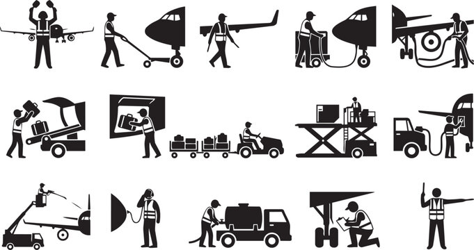 Construction Equipment and Industrial Machinery Worker Silhouette Set for Engineering, Logistics, Transportation and Maintenance Projects
