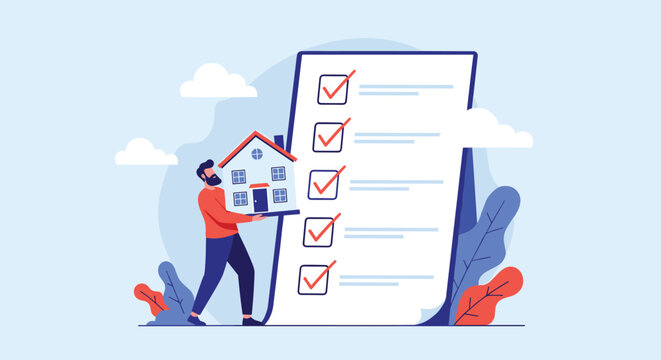 Man carrying a small house model to place it next to a giant checklist full of completed red check mark symbols.