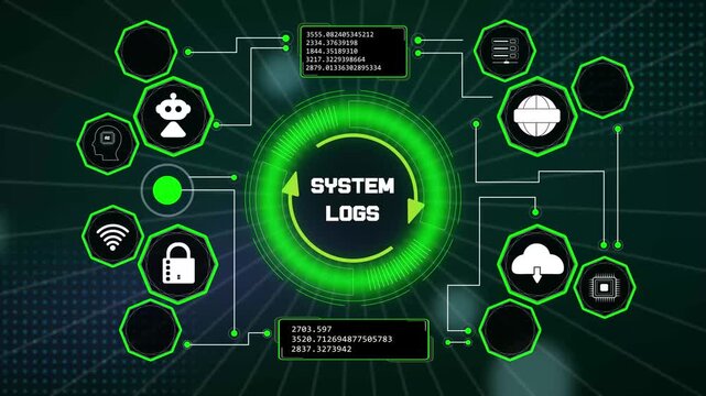 Cybersecurity command interface presenting detailed system logs analysis via active holographic grid arrays