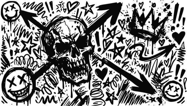 striking black and white graffiti illustration of a skull with arrows and playful smiley faces