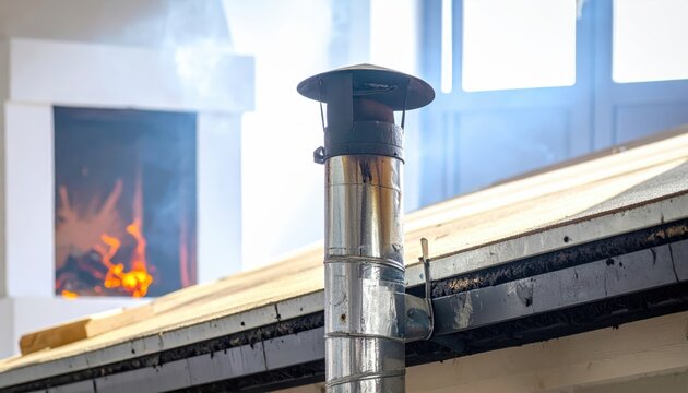 Modern stainless steel chimney flue with integrated damper system atop a building's roof line