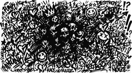 a chaotic and energetic graffiti illustration featuring skulls, smiley faces, and punk rock typography in black and white © Arun
