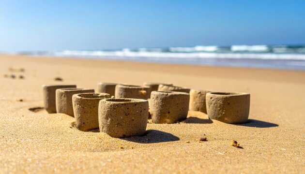 Naturally formed unglazed ceramic tokens arranged in a group on a sandy beach with the ocean in the background.