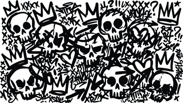 dynamic graffiti art illustration featuring numerous skulls, crowns, hearts, and bold lettering in a monochrome design