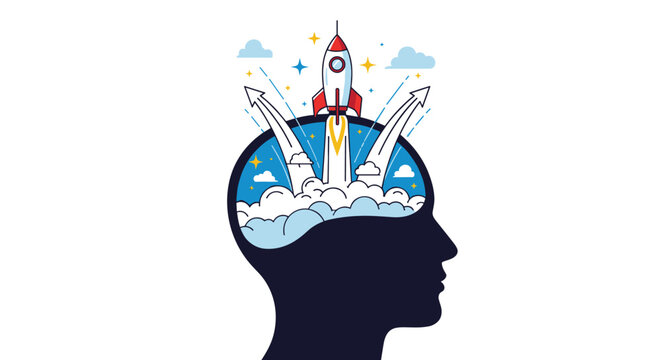 Silhouette of a human head with a rocket launching from clouds representing a creative idea or a new business start.