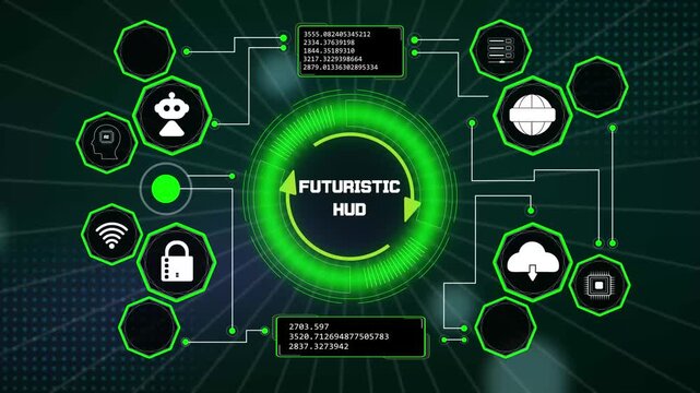 Futuristic hud screen element featuring bright green neon circular progress bars and technical data displays