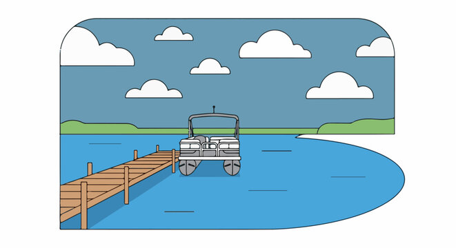 Flat illustration of a pontoon boat docked on a calm lake with a wooden pier under a cloudy sky