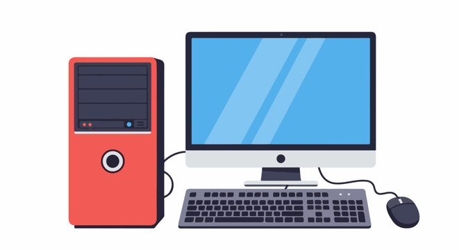 A red computer tower, keyboard, mouse and monitor are depicted