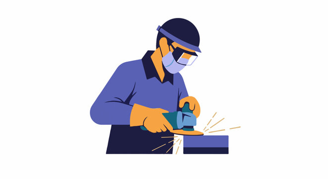 Worker in safety gear grinds metal, creating sparks