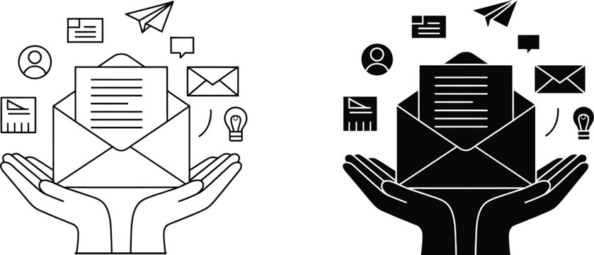 Open Hands Holding Digital Mail Envelope Surrounded by Modern Communication digital transformation remote collaboration modern communication business growth minimalist design workflow optimization