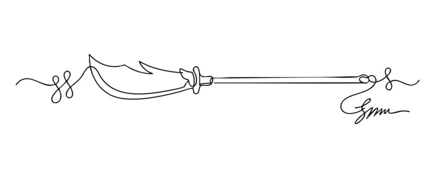 Continuous one line art vector illustration of a Chinese guan dao weapon, featuring a minimalist polearm design for historic martial arts and ancient warfare concept