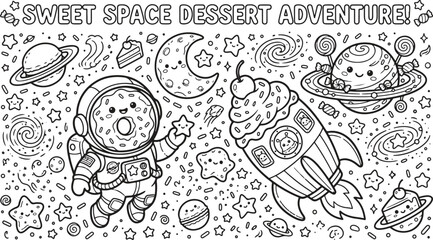Sweet galaxy doodle vector elements, hand drawn line art of funny space sweets with stars, planets and cosmic candies, minimalist black and white clip art. © Akhi Ayra