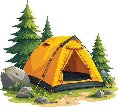 Orange camping tent in a forest clearing illustration with adventure wilderness vacation exploration landscape equipment recreation backpacker campsite basecamp woodland activity lifestyle
