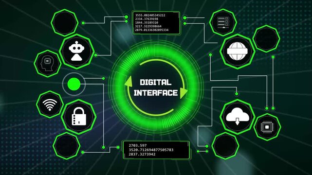 Professional system control panel displaying an active digital interface module wrapped in green neon tech lines