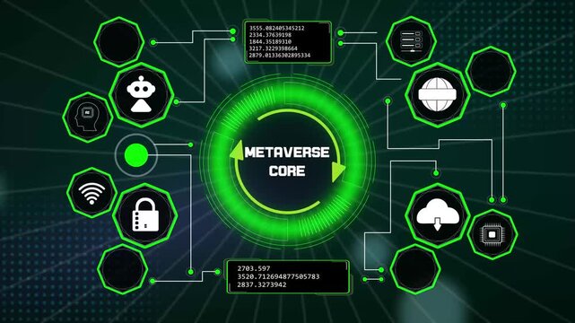 Decentralized web3 spatial matrix layout spotlighting a core metaverse core processing unit with green neon graphics