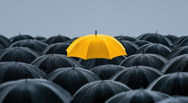 A single bright yellow umbrella stands out amidst a sea of dark ones