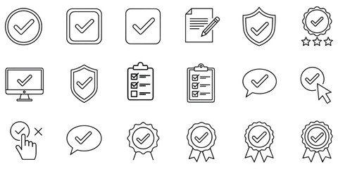 Fototapeta premium Set of check mark and validation icons representing quality assurance tasks and completed projects