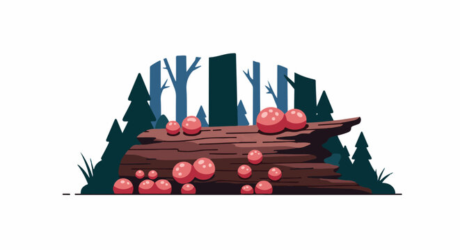 Pixelated forest scene with fallen log and pink mushroom-like growths