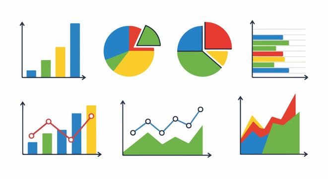 Six colorful data visualization charts including bar, pie, and line graphs