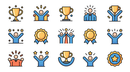 Fototapeta premium Flat team success celebration icon collection – Perfect for corporate presentations, business blogs, or workplace achievement graphics.