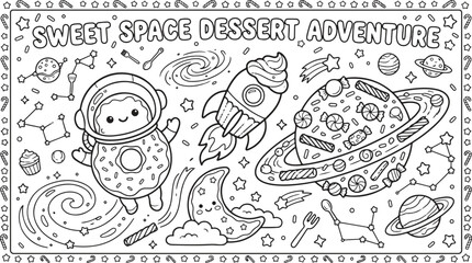 Cute space dessert adventure vector illustration, kawaii astronaut donut with rocket ice cream and planets, line art coloring page for kids. © Akhi Ayra