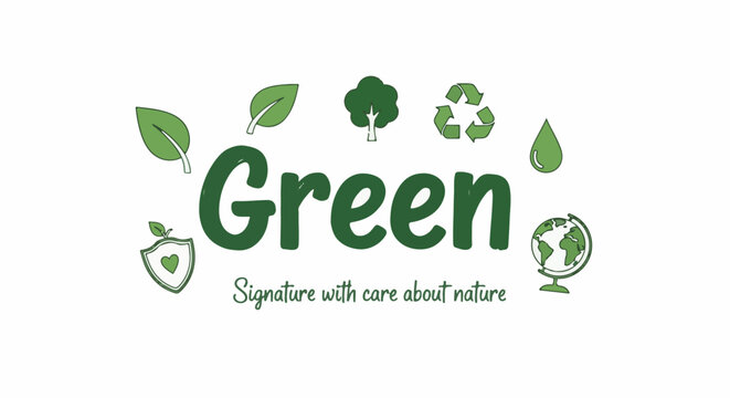 Green text and nature symbols leaves, tree, recycling, water drop, earth
