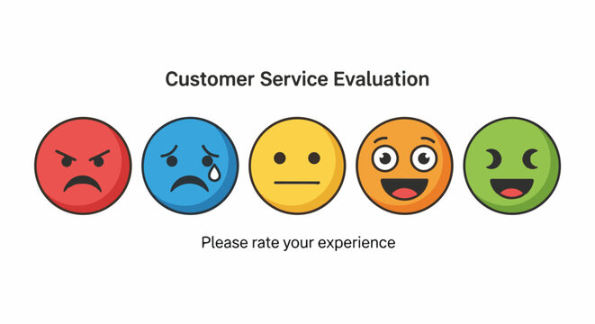 Five cartoon faces express emotions from anger to extreme happiness