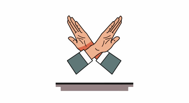 Two crossed hands with palms facing outward, suggesting refusal