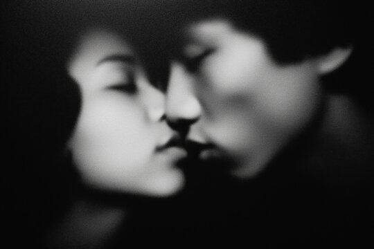 A grainy black and white image captures a close, intimate kiss, emphasizing emotion and nostalgia through its blurred style.