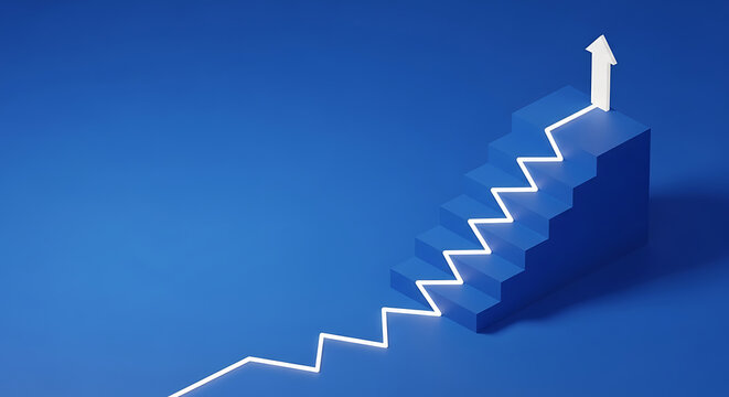 Abstract concept of business growth and success with a white line graph ascending a blue staircase towards an upward arrow business progress achievement development staircase investment