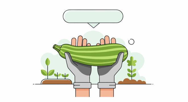 Hands in gloves hold a large striped zucchini with growing plants around