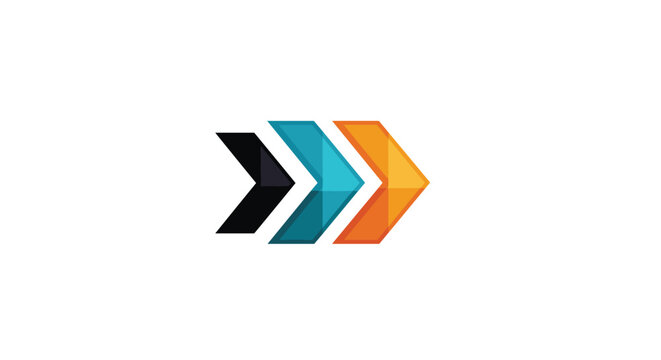 Geometric logo design featuring three overlapping arrow shapes in dark blue light blue and orange pointing to the right.