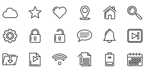 Fototapeta premium Mobile app navigation and interface outline icons featuring cloud storage and connectivity tools