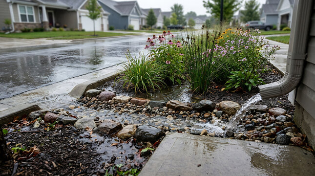 Curbside rain garden channeling stormwater from residential downspout