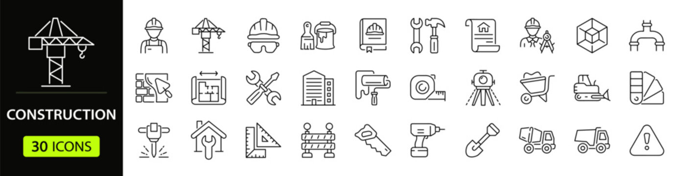 Construction Web Icon Set in Linear Style. Collection of Building line icons, including business, building, tools, construction, crane, worker, excavator, wall, bulldozer and more. Editable stroke