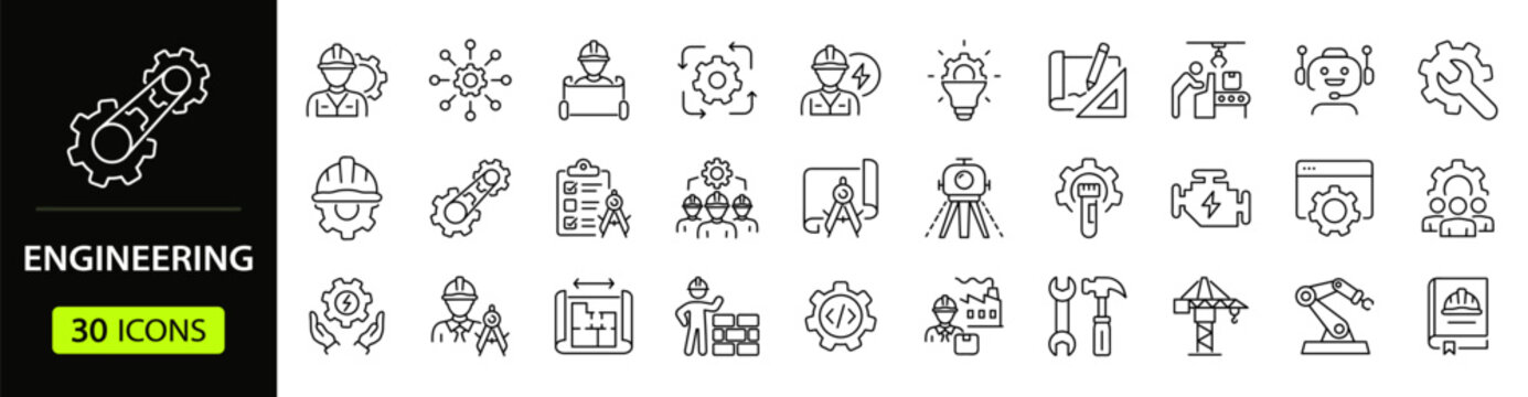 Engineering Web Icon Set in Linear Style. Collection of Industrial technology line icons, including technology, mechanical, engineer, construction, worker, blueprint, tools and more. Editable stroke