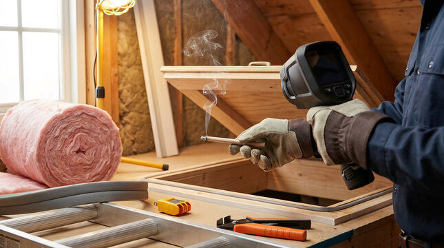 Technician hands checking attic air leaks during home energy audit