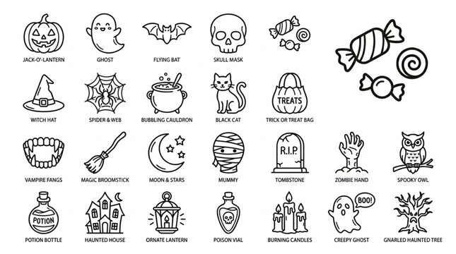 Halloween party icon vector set, 25 festive elements including trick or treat bag, candy, skull mask, lantern, potion bottle, haunted tree, ghost character, clean outline style, white background

