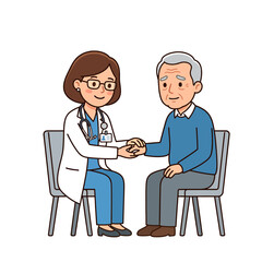 Obraz premium A caring female physician provides comfort and support to a senior male patient during a medical consultation, emphasizing empathetic healthcare and patient well-being