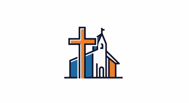 Simple icon of a church with a cross, orange and blue