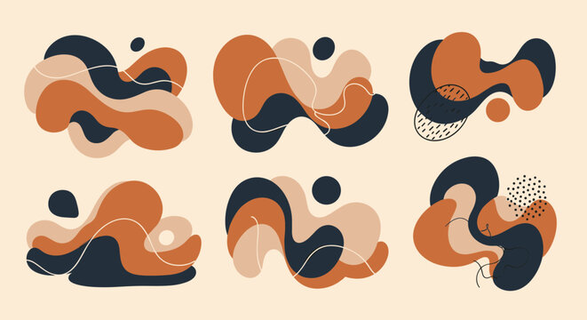 Collection of abstract fluid shapes in earthy tones like orange and dark blue are arranged on a light beige background.