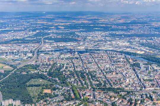 Offenbach skyline from above aerial view in Offenbach, Germany