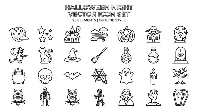 Halloween night vector icon set, 25 elements including moon, stars, haunted house silhouette, fog, pumpkin lantern, witch flying, black cat, outline style, white background

