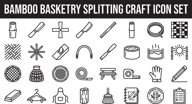 Bamboo basketry and wood splitting craft icon set featuring tools, materials, and weaving patterns in vector format