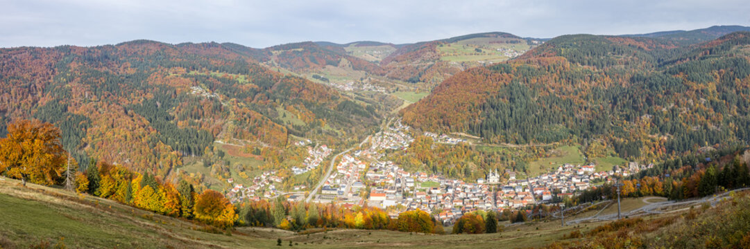 Todtnau city in the Black Forest panorama in autumn in Todtnau, Germany