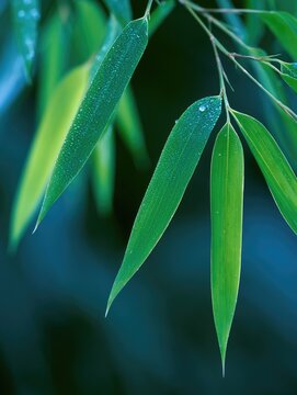 Delicate green bamboo leaves, glistening with dew drops, against a dark backdrop