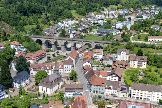 Hornberg town in the Black Forest from above in Hornberg, Germany