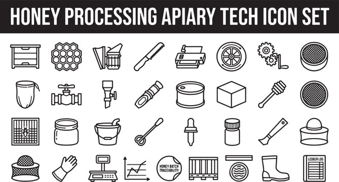 Honey processing and apiary technology icon set featuring beekeeping equipment and industrial production tools in vector line style
