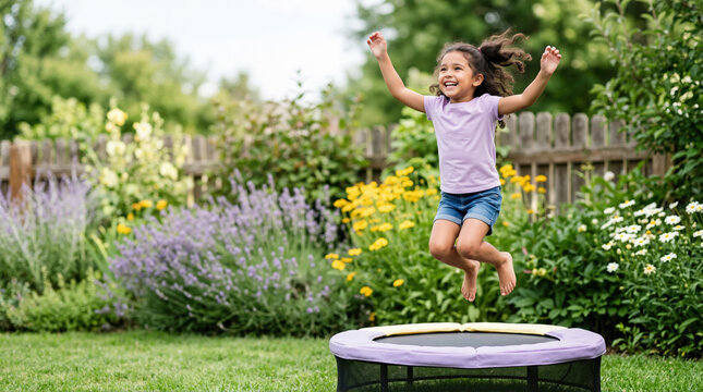 Young girl jumping on a small trampoline in a lush garden. Happy child playing outdoors in the backyard. Active summer lifestyle concept