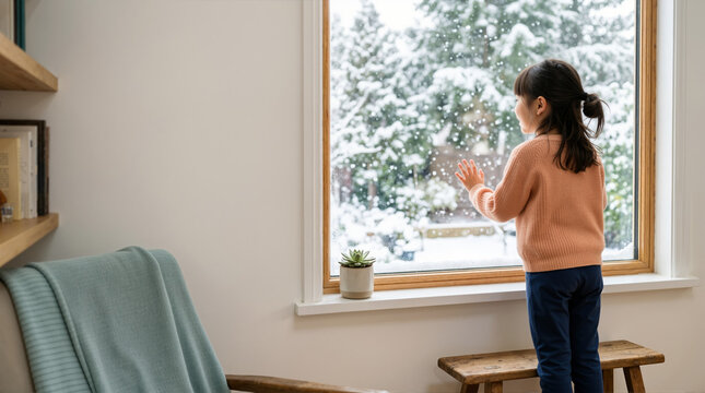 Young girl standing on a bench watching snow fall through a large window. Child looking at snowy winter landscape from inside a cozy home